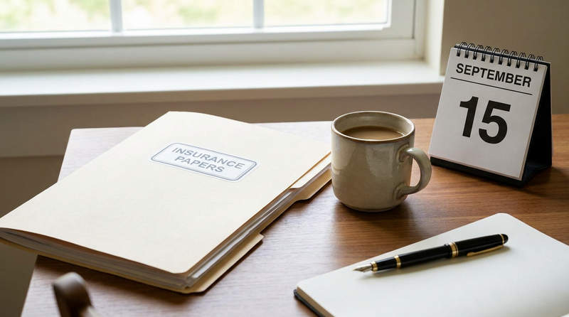 Bureau avec dossier d'assurances, calendrier et stylo