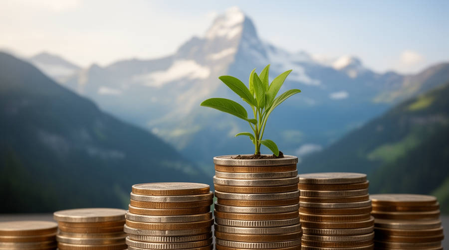 Pièces empilées avec une jeune plante, paysage alpin en arrière-plan