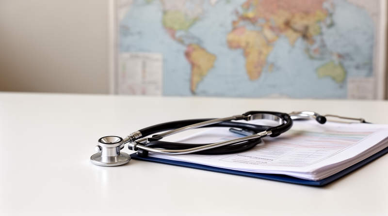 Stéthoscope et dossier médical posés sur un bureau clair