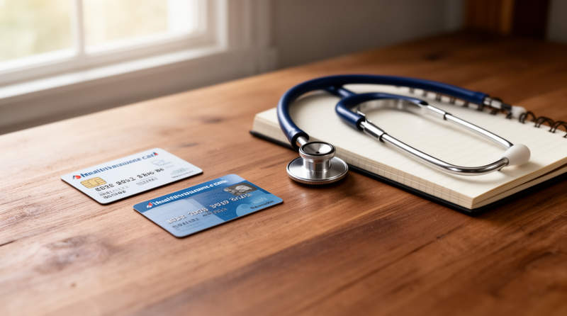 Cartes d'assurance maladie et stéthoscope posés sur un bureau