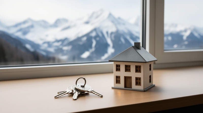Maquette de maison et clés posées sur un bureau, montagnes en arrière-plan