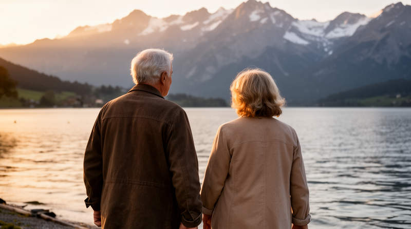 Couple de retraités se promenant au bord d'un lac face aux Alpes