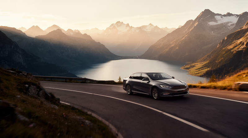 Voiture sur une route de montagne près d'un lac au coucher du soleil