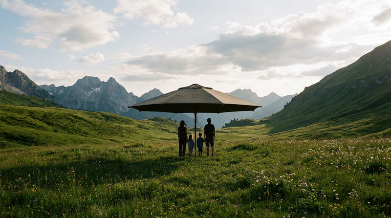 Famille abritée sous un grand parapluie dans une prairie alpine