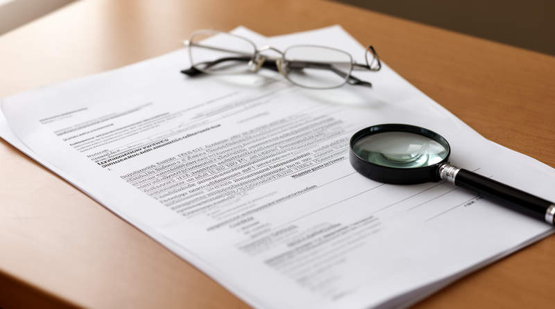 Contrat d'assurance avec stylo, lunettes et loupe sur un bureau