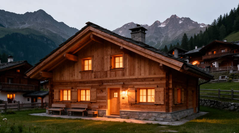 Chalet aux fenêtres éclairées dans un village alpin au crépuscule